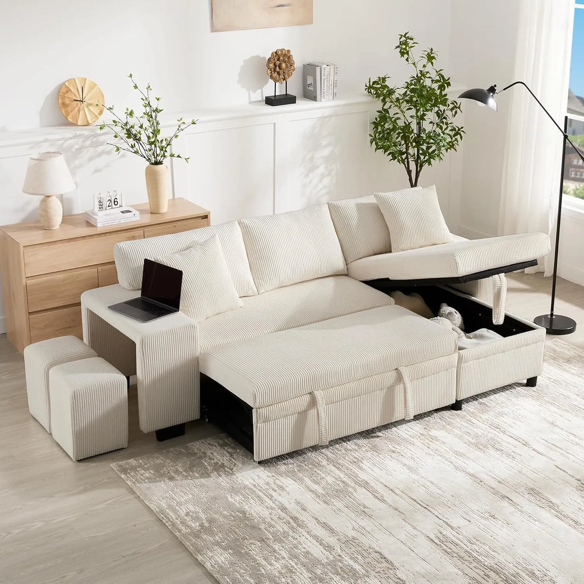 Canapé d'angle convertible 3 places avec USB, coussins et espace de rangement