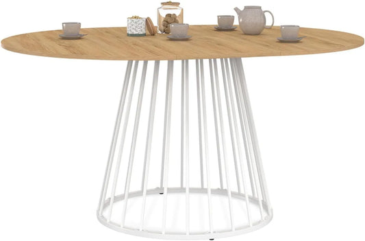 Table à Manger Ronde Extensible Yuna en Bois et Métal Blanc pour 4 à 8 Personnes, 110-150 cm
