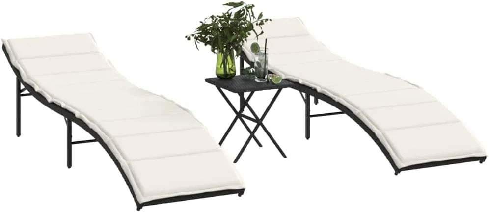 Ensemble de 2 transats en résine tressée noire résistants aux UV avec dossier ajustable et table d'appoint