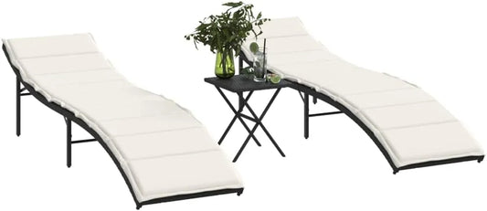 Ensemble de 2 transats en résine tressée noire résistants aux UV avec dossier ajustable et table d'appoint
