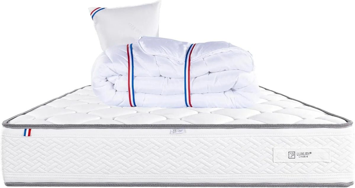 Matelas mémoire de forme 90x190cm avec oreiller et couette, réversible été/hiver, soutien ferme