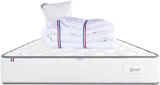 Matelas mémoire de forme 90x190cm avec oreiller et couette, réversible été/hiver, soutien ferme