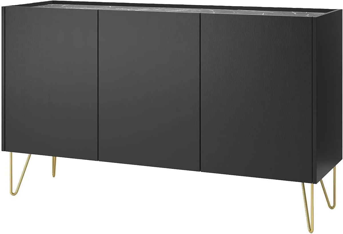 Buffet Moderne à 3 Portes - Noir, Effet Marbre et Doré - PIOLUN