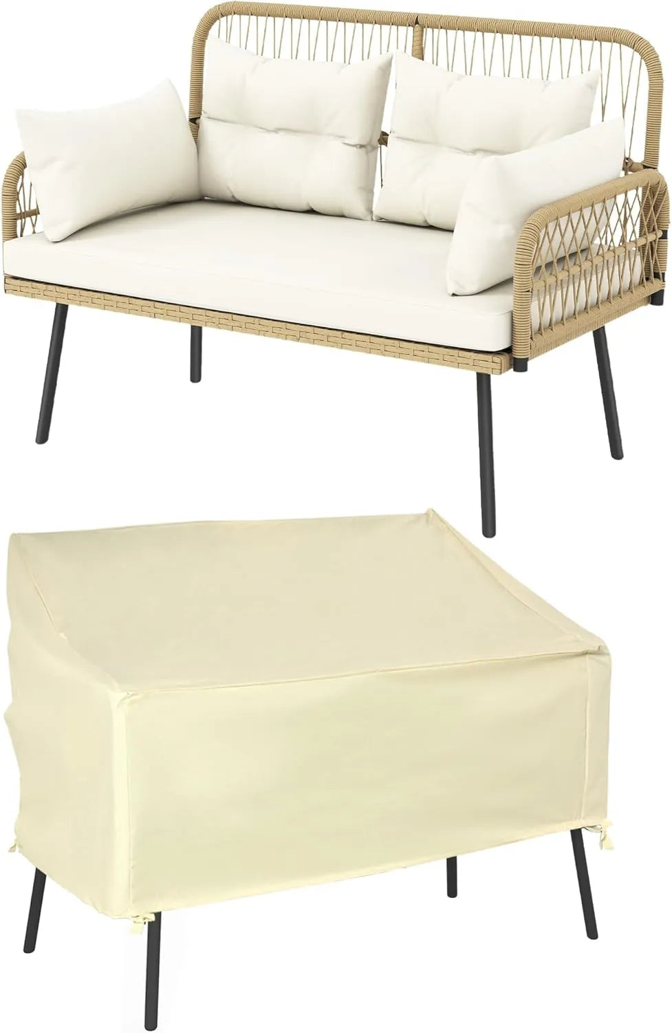 Canapé de Jardin 2 Places en Résine Tressée avec Coussins et Oreillers Beige