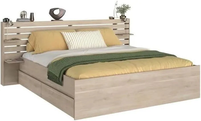 Lit Double Parisot ESCALE 180x200 cm en Chêne du Japon avec Rangement et Tête de Lit, Fabriqué en France