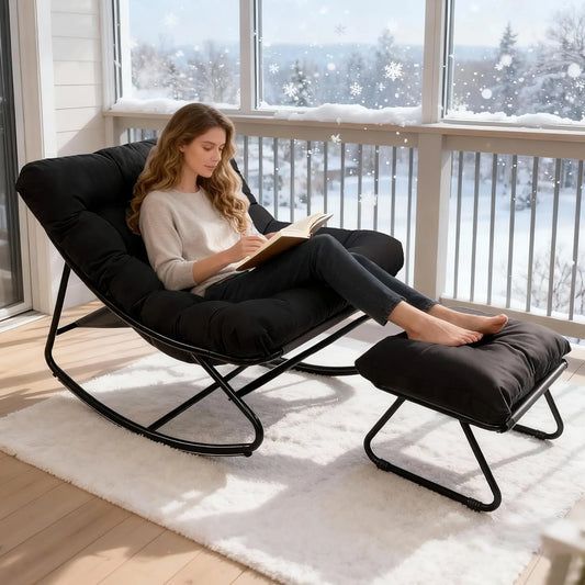 Chaise à Bascule Œuf avec Repose-Pieds, Coussin Douillet, Cadre Métal, 150 kg, Intérieur/Extérieur