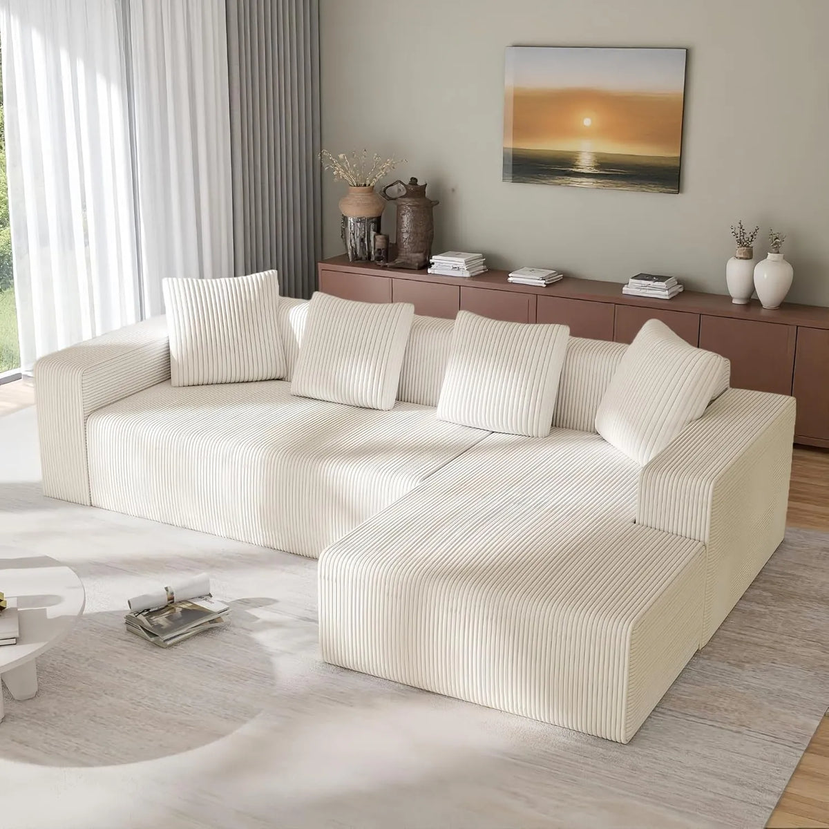 Grand canapé d'angle en velours côtelé blanc, 3 places, méridienne en L, profondeur d'assise 70 cm, aucun assemblage nécessaire