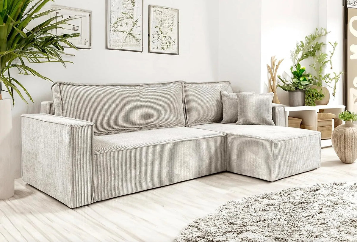 Canapé d'angle convertible en velours côtelé beige avec lit et rangement intégré
