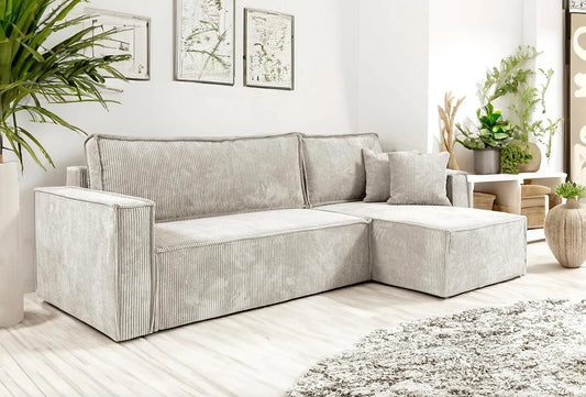 Canapé d'angle convertible en velours côtelé beige avec lit et rangement intégré