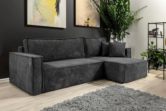 Canapé d'angle convertible en velours côtelé avec lit et rangement - Gris foncé