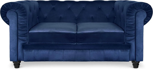 Canapé Chesterfield 2 Places en Velours Bleu - Menzzo Grand