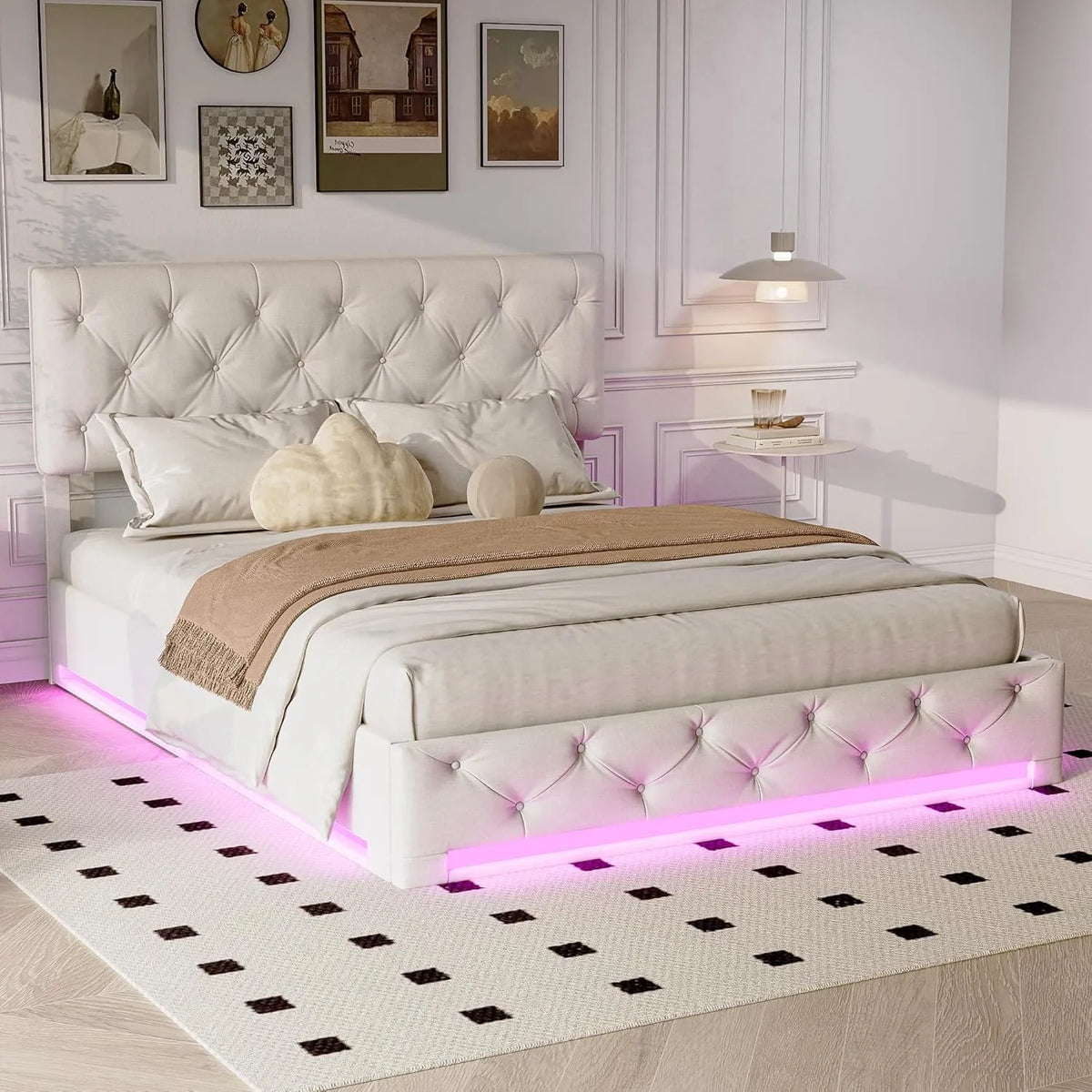 Lit escamotable avec rangement et LED 160x200 cm - Tête réglable et capitonnage beige