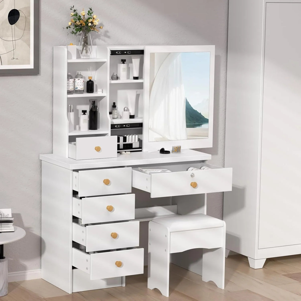 Table de Maquillage Élégante avec Miroir, Tabouret, 6 Tiroirs et Étagères pour Chambre
