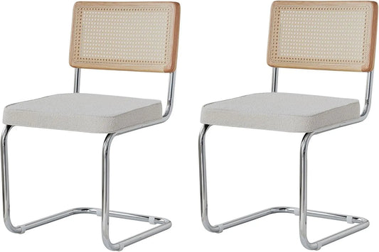 Ensemble de 2 chaises modernes en velours avec pieds chromés et dossier en rotin blanc