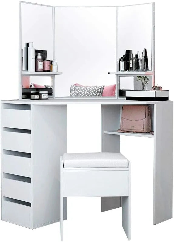 Ensemble Coiffeuse d'Angle en Bois Blanc avec 3 Miroirs et Tabouret
