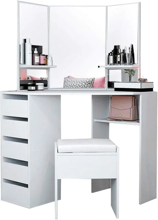 Ensemble Coiffeuse d'Angle en Bois Blanc avec 3 Miroirs et Tabouret