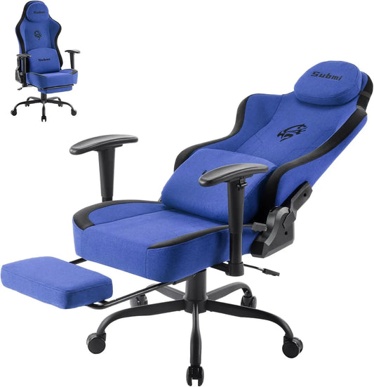Chaise de Gaming Ergonomique en Tissu avec Accoudoirs 3D et Support Lombaire - Style Racing, Repose-Pieds Télescopique (Bleu)