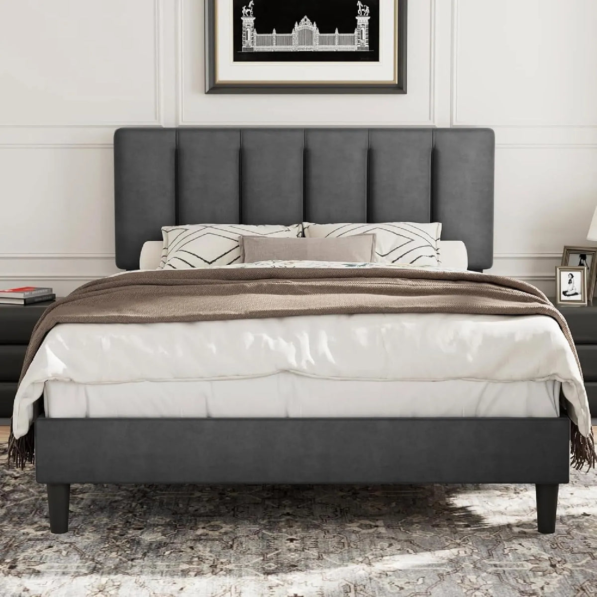 Lit Double en Velours Gris 140x190 cm avec Tête Réglable, Structure Solide et Silencieuse