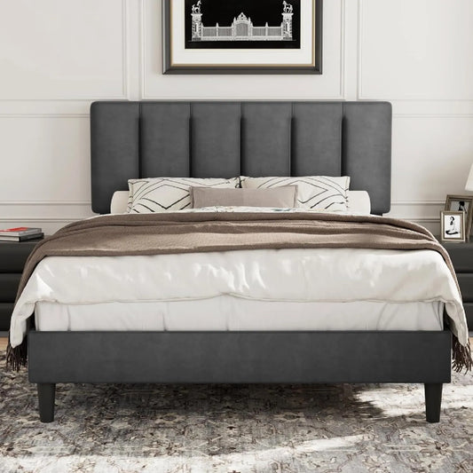 Lit Double en Velours Gris 140x190 cm avec Tête Réglable, Structure Solide et Silencieuse