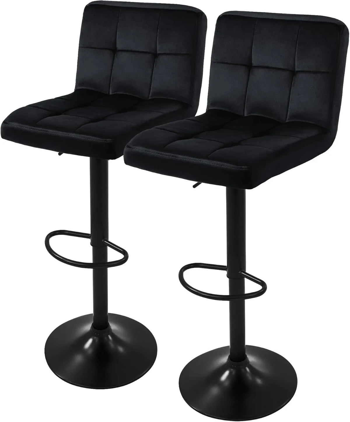 Ensemble de 2 Tabourets de Bar en Velours Noir avec Dossier, Hauteur Réglable 63-83cm, Pivotants à 360°, pour Cuisine et Bar