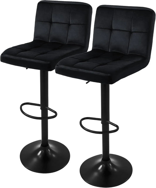 Ensemble de 2 Tabourets de Bar en Velours Noir avec Dossier, Hauteur Réglable 63-83cm, Pivotants à 360°, pour Cuisine et Bar