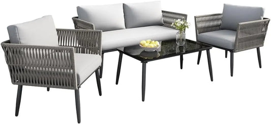 Ensemble de Salon de Jardin avec Canapé 2 Places, 2 Fauteuils, Table Basse en Verre Noir, Coussins Confortables, Corde Tressée en PE Gris