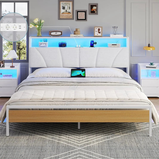 Lit Double 160x200 avec Sommier en Métal et Éclairage LED, Ports USB et Prises AC, Blanc