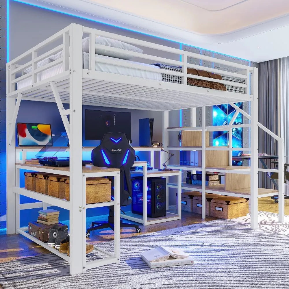 Lit mezzanine enfant avec LED, port USB et bureau, escalier et rangement, 140x200 cm, blanc