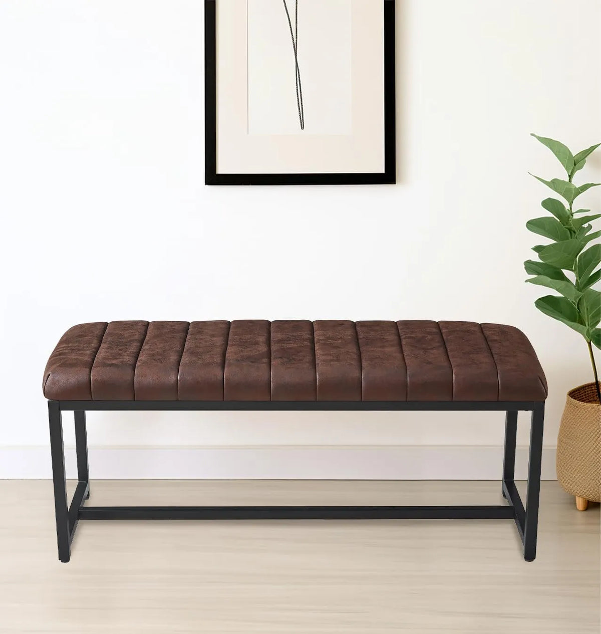 Banc de Salle à Manger Industriel 110 cm en Métal Noir et Similicuir Marron