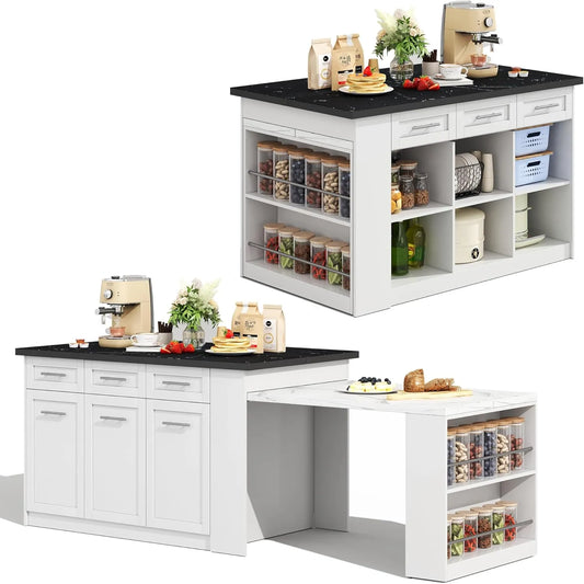 Îlot de Cuisine Multifonction en Marbre Blanc 150 cm avec Rangement et Table Extensible