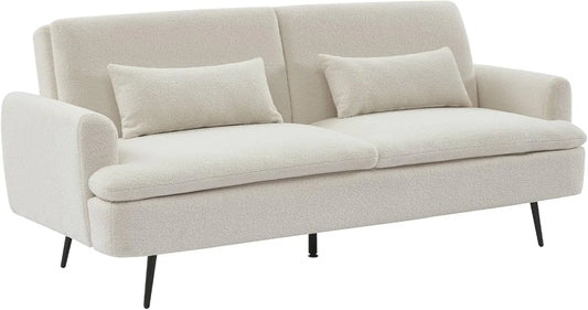 Canapé-Lit Convertisseur 2-3 Places en Tissu Bouclette Crème avec Pieds en Métal - L210 x P111 x H48 cm