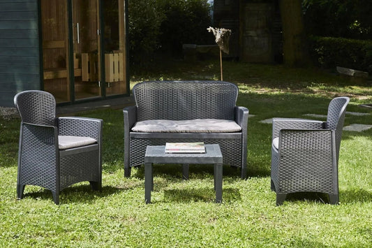 Ensemble de Jardin Ostuni en Rotin Synthétique avec Coussins - 2 Fauteuils, 1 Canapé, 1 Table Basse - Anthracite - Fabriqué en Italie