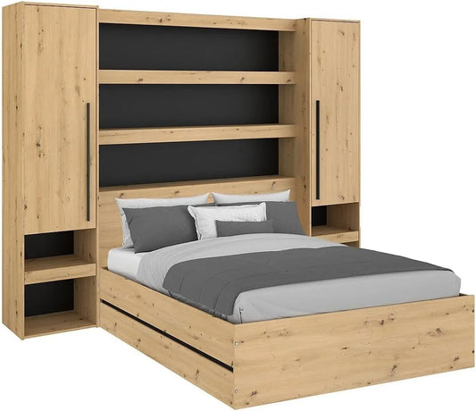 Ensemble Lit Coffre 140x190 cm avec Pont de Lit LUDARO VARLY - Naturel et Noir