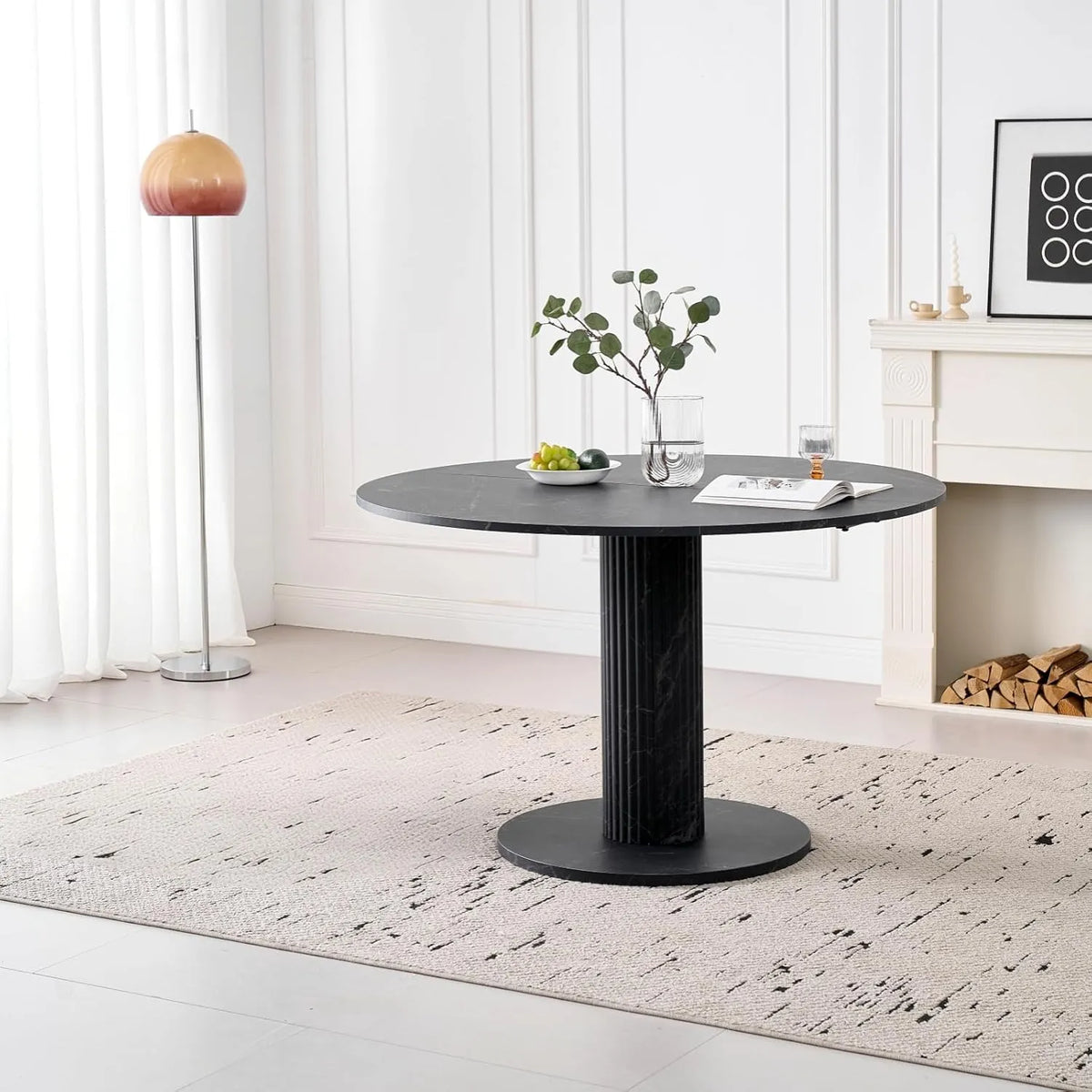 Table Ronde Moderne en Imitation Marbre Noir, 115 cm pour 4-6 Personnes