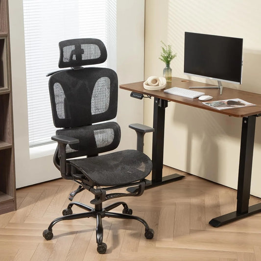 Chaise de Bureau Ergonomique EROMMY avec Repose-Pieds et Appuie-Tête 3D, Accoudoirs Ajustables, Hauteur Réglable et Support Lombaire