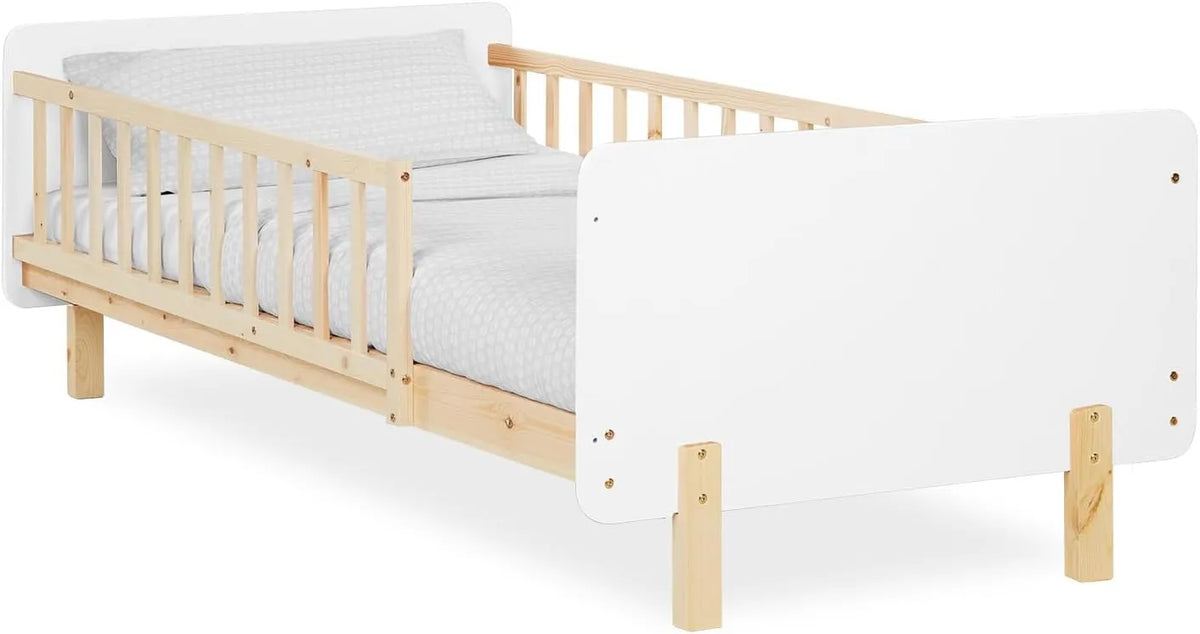 Lit Enfant 90x200 cm avec Barrière de Sécurité et Sommier en Bois de Pin - Blanc
