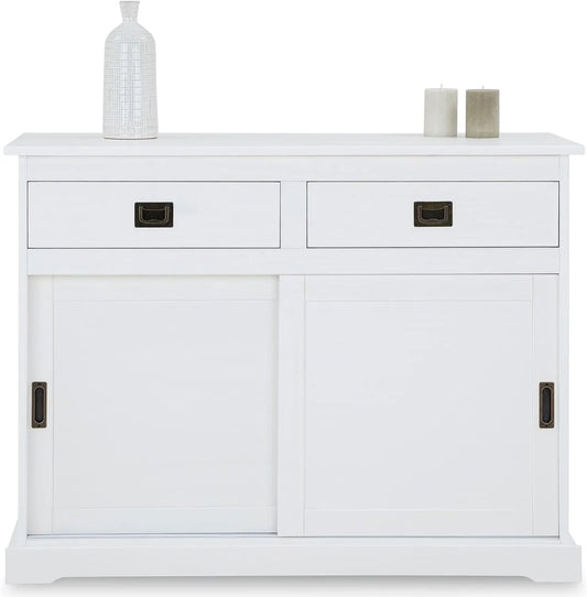Buffet de Salle à Manger en Bois Massif Blanc avec Tiroirs et Portes Coulissantes - 110 cm