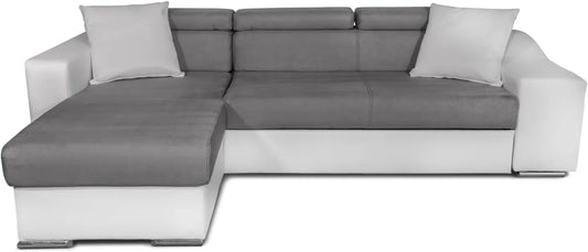 Canapé d'angle convertible réversible 3 places en microfibre avec rangement et poufs gris/blanc