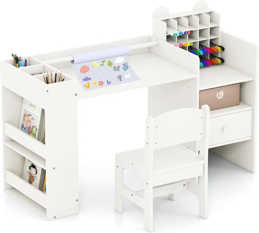 Ensemble Bureau Enfant avec Chaise, Bibliothèque et Porte-Papier, Table de Jeu Multifonctionnelle avec Étagère et Tiroir, Charge Max 30/75kg, Pour Enfants de 3 Ans et Plus, Blanc