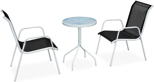Mobilier de Jardin 3 Pièces en Acier Noir/Gris avec Chaises Empilables et Plateau en Verre pour Extérieur