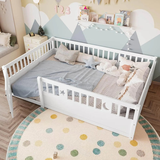 Lit Cabane Montessori pour Enfant 140x190cm en Bois de Pin, Barrières Sécurisées, Blanc