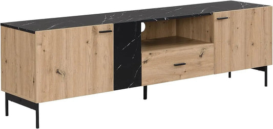 Meuble TV Moderne en MDF et Métal avec Rangement - Chêne Clair et Marbre Noir