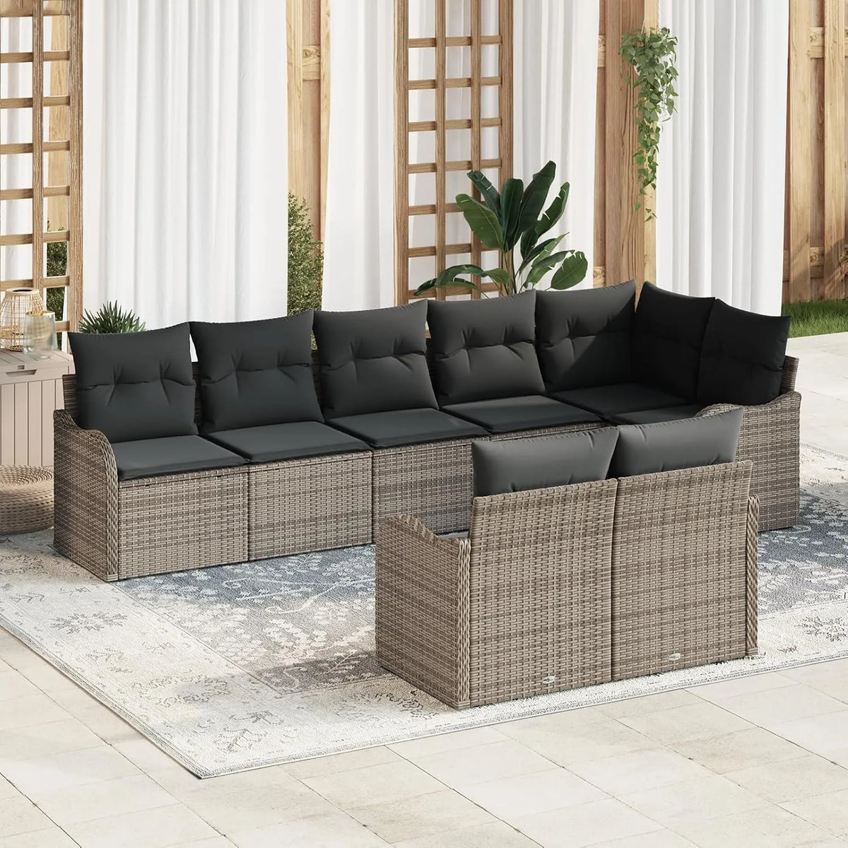 Set de Salon de Jardin en Polyrotin Gris avec Coussins - 8 Pièces