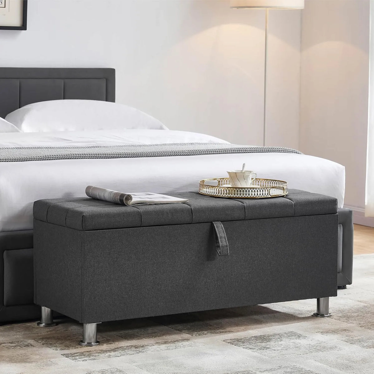 Banc Ottoman Valencia en Lin Gris avec Coffre de Rangement