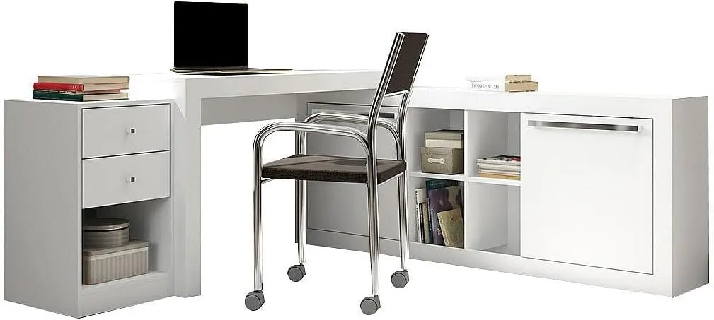 Bureau d'angle blanc avec 2 tiroirs et 2 portes - Modèle Evan avec rangement
