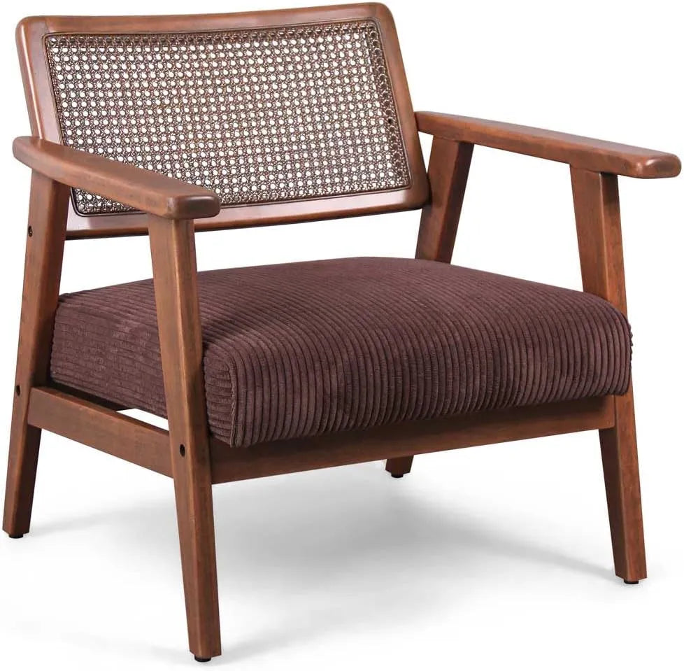 FRANKYSTAR Fauteuil en bois massif Parawood avec éléments en rotin et siège en velours côtelé