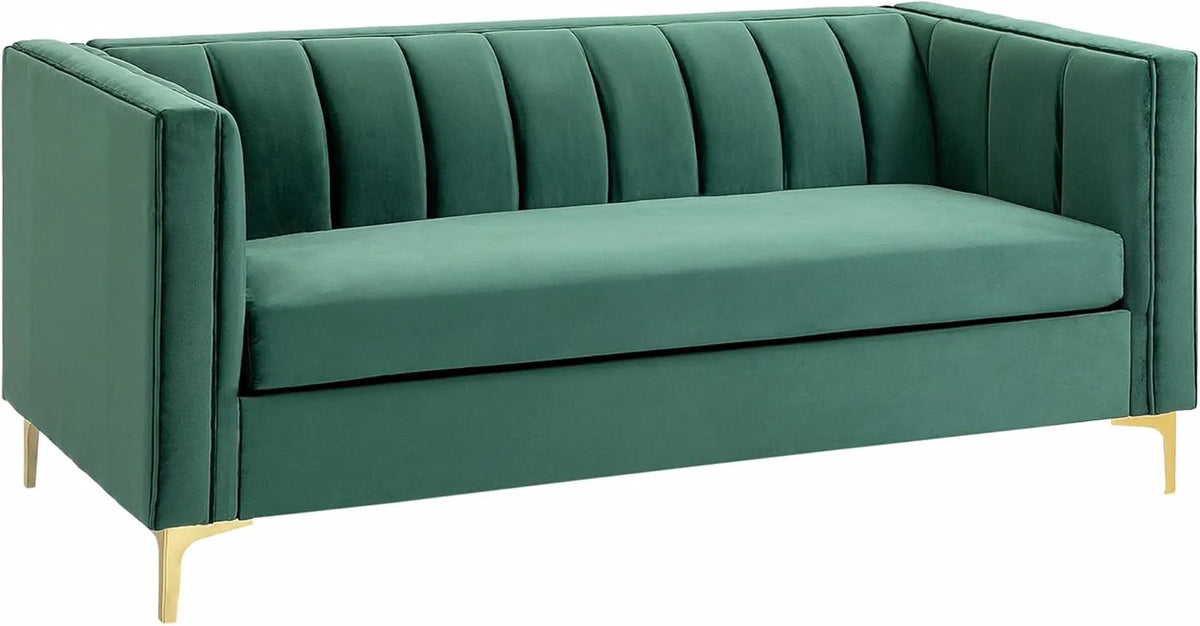 Canapé 3 Places Art Déco avec Pieds en Acier Doré et Tissu en Velours Vert