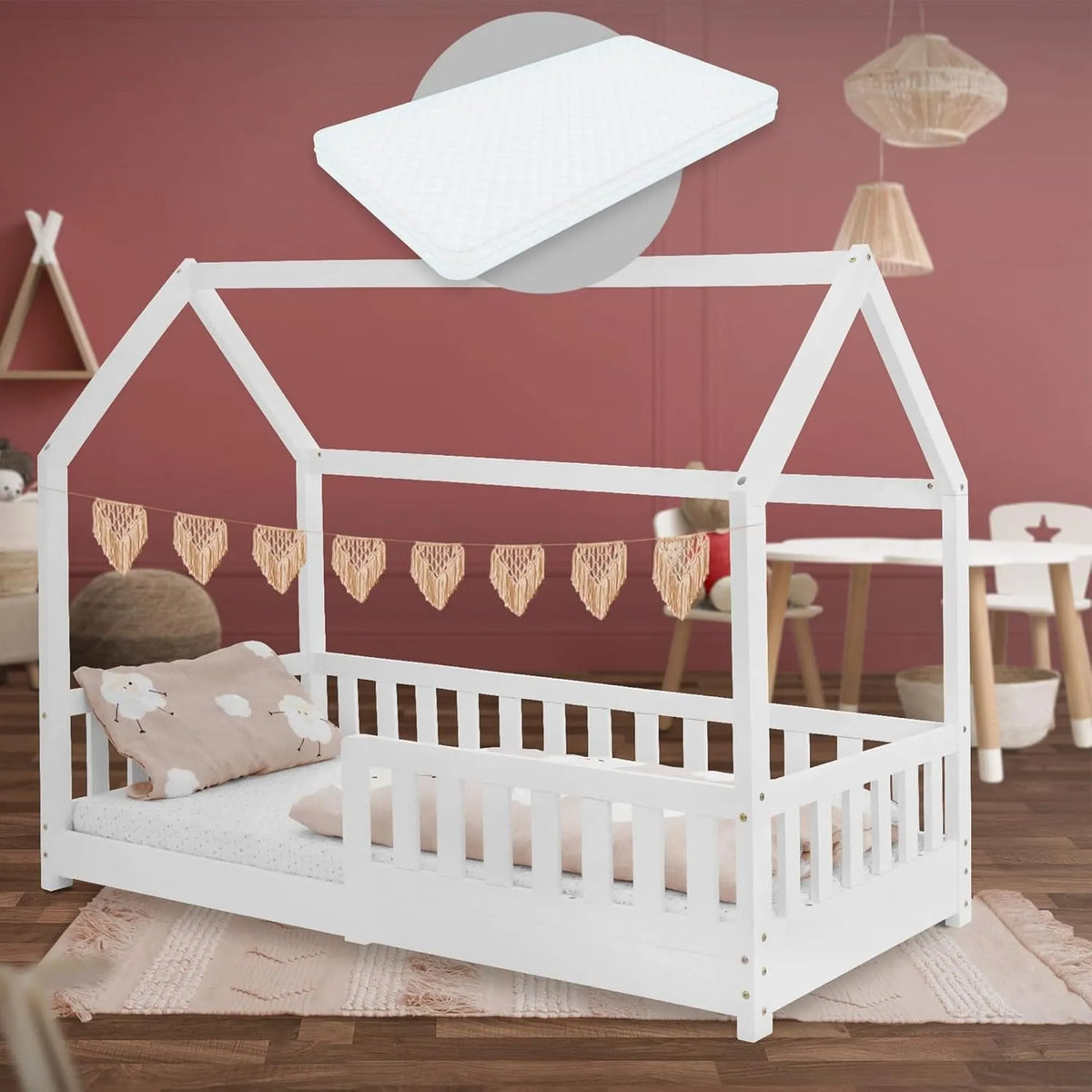 Lit Enfant Cabane 80x160 cm avec Matelas et Barrière de Sécurité, Toit en Bois Massif