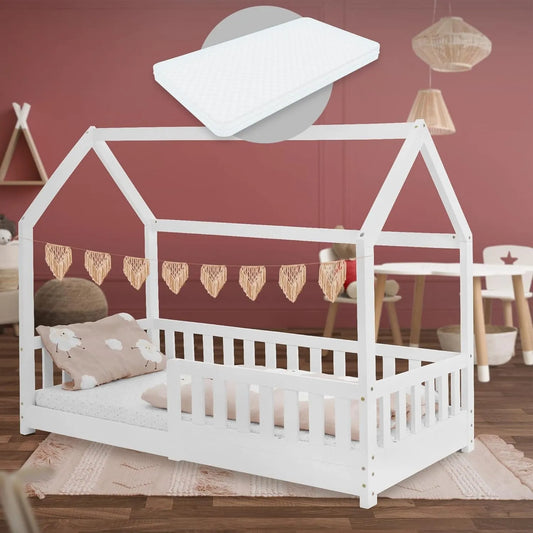 Lit Enfant Cabane 80x160 cm avec Matelas et Barrière de Sécurité, Toit en Bois Massif