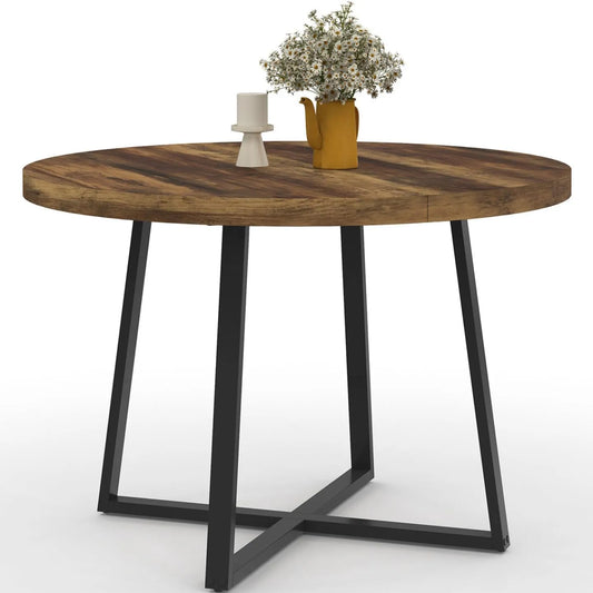 Table à Manger Ronde Selma 110 cm Bois Foncé et Noir - 4 à 6 Personnes